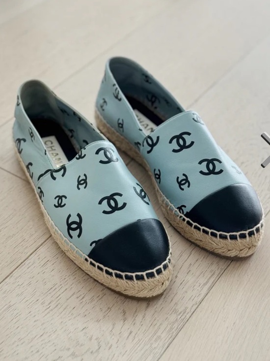 CHANEL Shoes - CHANEL Light Blue Logo Espadrille Flats with Black Cap Toe